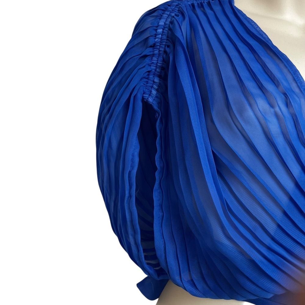 Audrey Lane Royal Blue Pleated Surplice V-Neck Crop Top Tie Back Small - Picture 2 of 4